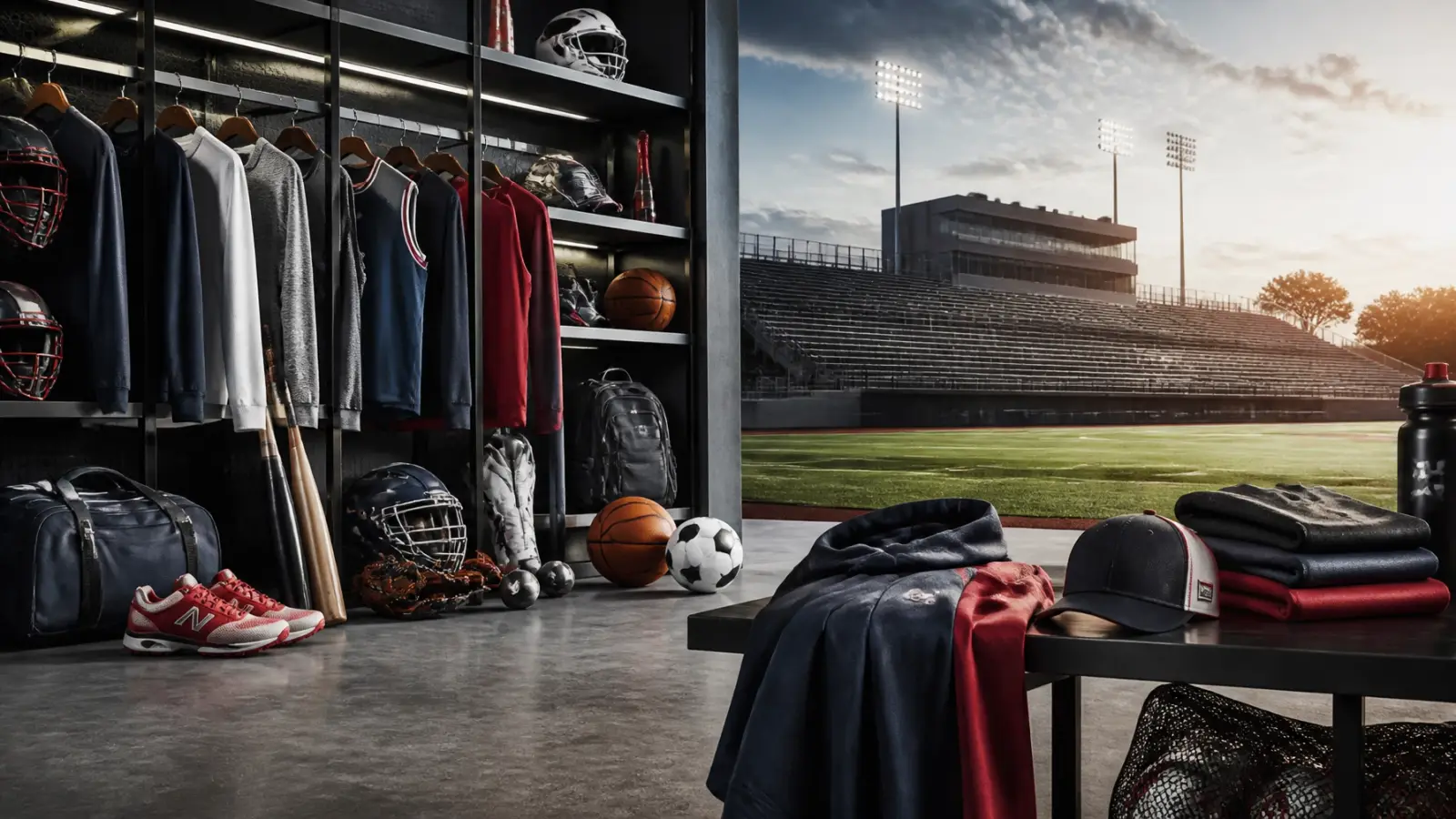 A complete team gear store with apparel, shoes, bags, balls, and equipment beside a stadium